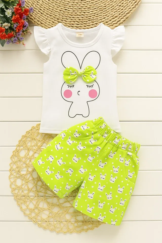 Hosiery Cotton Printed Clothings Set for Girls (White & Neon, 12-18 Months)
