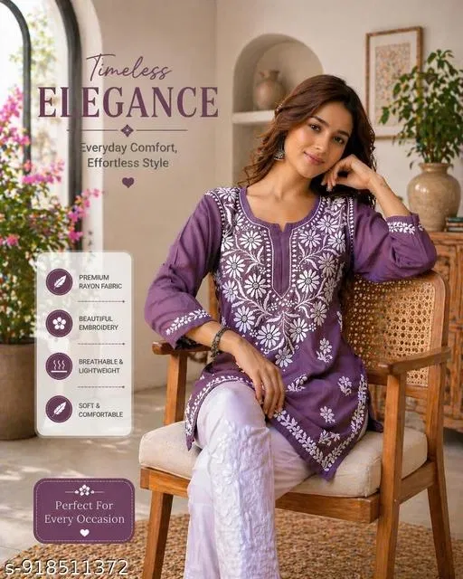 Chikankari Embroidered Short Kurti for Women (Multicolor, L)