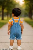 Hosiery Cotton & Denim Printed Clothing Set for Kids, Orange & Blue 