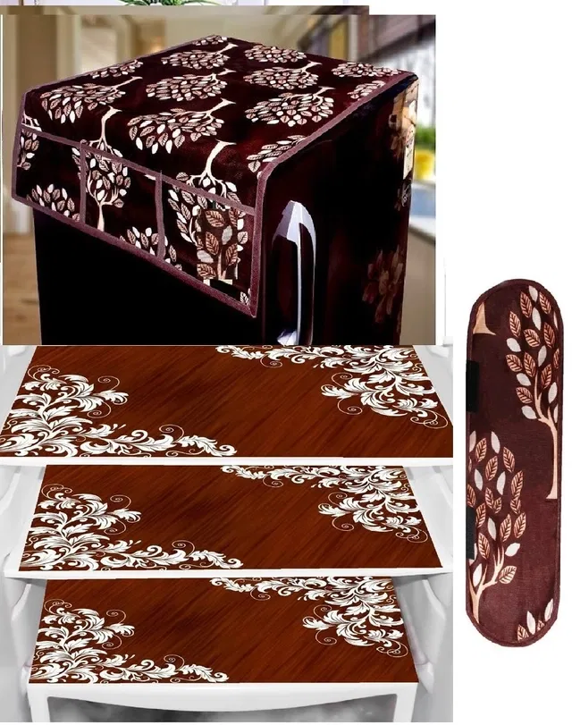 PVC Printed Fridge Top Cover with 3 Pcs Shelf Mats & Handle Cover (Multicolor, Set of 1)