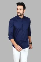 Cotton Blend Solid Shirt for Men, Navy Blue 