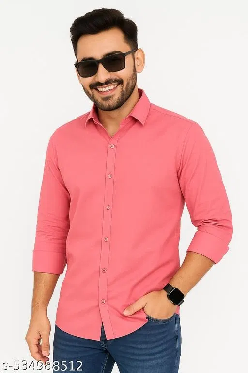 Cotton Blend Solid Shirts for Men, Pink (XXL)