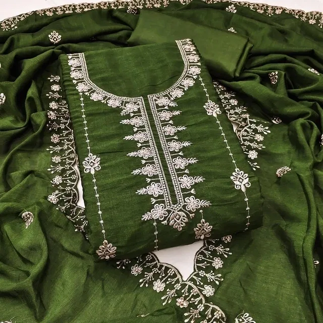 Vichitra Silk Embroidered Unstitched Suit Fabric, Green