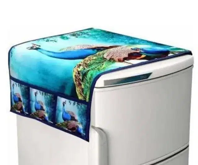 Knit Printed Fridge Top Cover with Side Pockets (Blue)