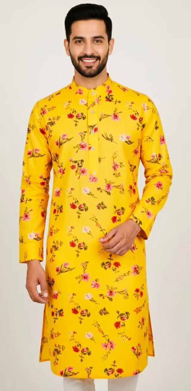 Cotton Blend kurta  For Men, Yellow (XL)