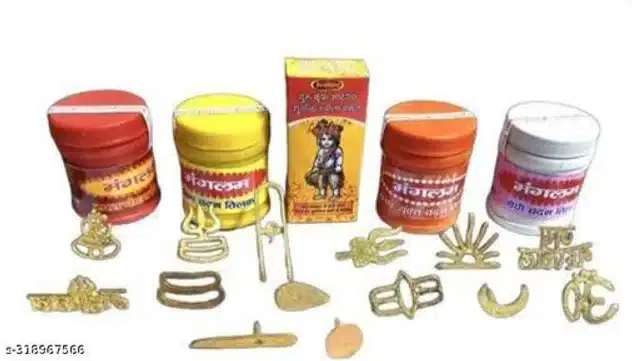 Brass 14 Pcs Tilak Stamp with 5 Pcs Chandan (Multicolor, Set of 2)
