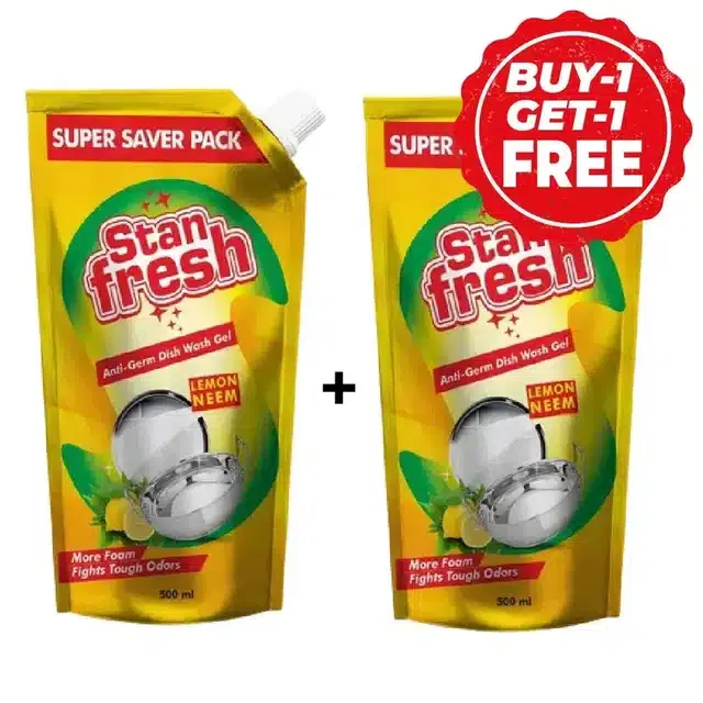 स्टेनफ्रेश डिश वाश जेल सुपर सेवर पाउच (लेमन & नीम) 2X500 ml  (1 के साथ 1 मुफ्त)