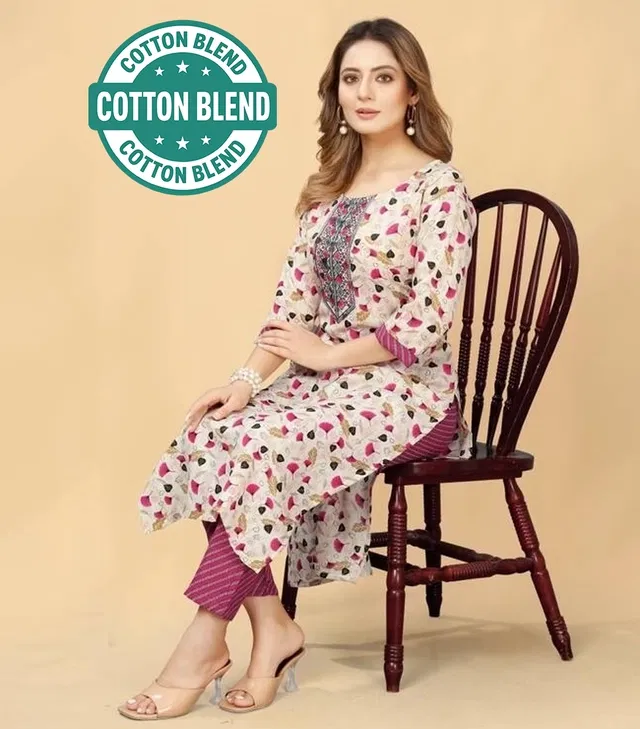 Cotton Printed Women's Kurta with Pant Set (Multicolor, L)
