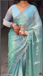 Georgette Embellished Saree For Women, Aqua Blue