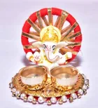 Metal Decorative Ganpati Haldi Kumkum Stand with 2 Roli Chawal Holder, Multicolor