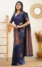 Litchi Silk Zari Woven Saree for Women, Navy Blue 
