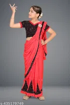 Poly Silk Solid Saree with Blouse for Girls (Coral, 3-4 Years)