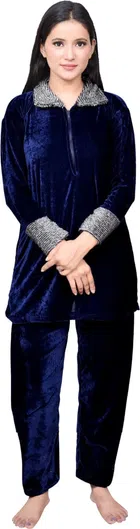 Velvet Solid Nightsuit for Women (Navy Blue, M)