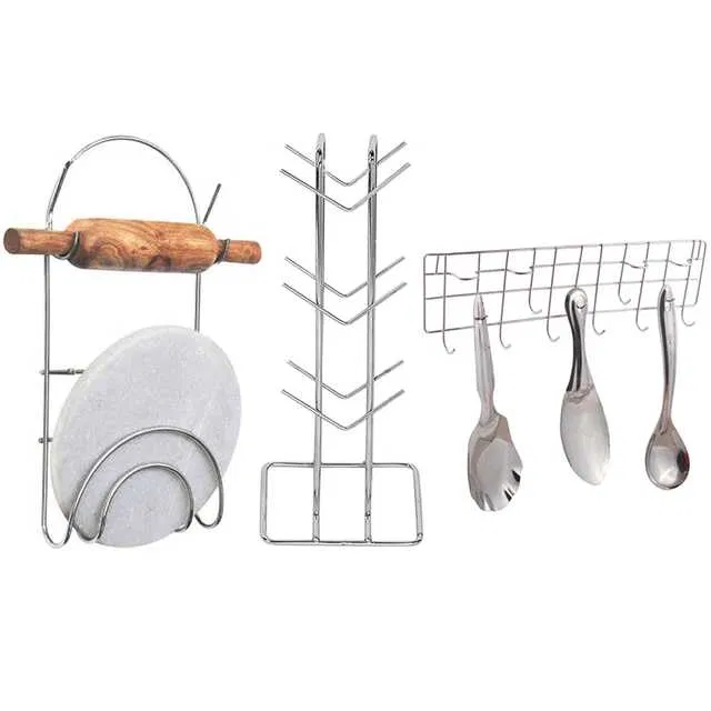 Stainless Steel Cup Stand & Chakla Belan Stand & Hook Rail For Kitchen (Set of 3) (OC-013)