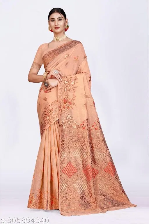 Linen Zari Woven Saree for Women (Orange, 6.3 m)