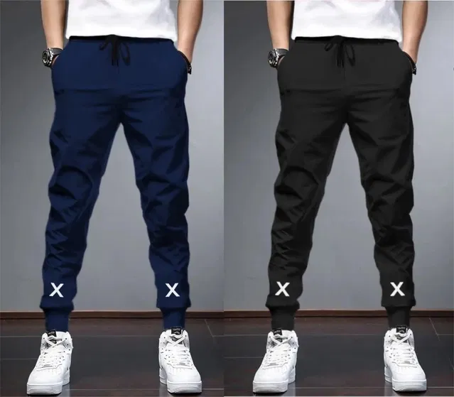 Polyblend Printed Trackpants for Men, Navy Blue & Black, Pack of 2 (M)
