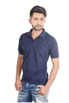 Poly Cotton Solid Polo Neck T-Shirt for Men, Navy Blue 