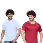 Round Neck Solid T-Shirt for Men (White & Maroon, S) (Pack of 2)