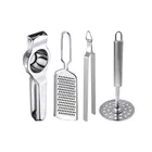 Oc9 Stainless Steel Lemon Squeezer & Cheese Grater & Roti Chimta & Potato Masher Kitchen Tool Set 