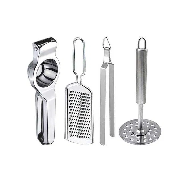 Oc9 Stainless Steel Lemon Squeezer & Cheese Grater & Roti Chimta & Potato Masher Kitchen Tool Set (O-65)