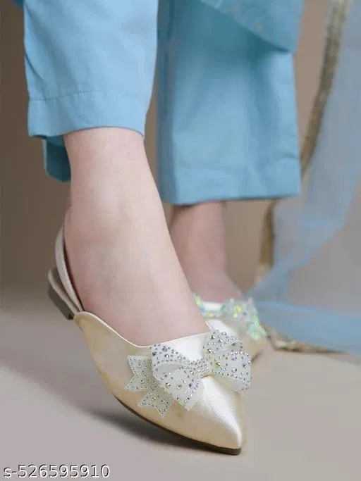 Embellished Open Toe Flats for Women (Cream, IND-6)