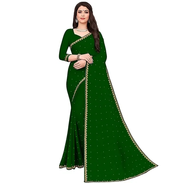 Lycra Beaded Saree for Women (Green)