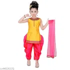 Silk Blend Kurta Sets for Girls (Yellow & Red, 12-18 Months)