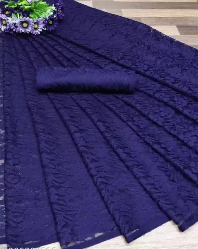Net Floral Saree for Women (Navy Blue, 6.3 m)