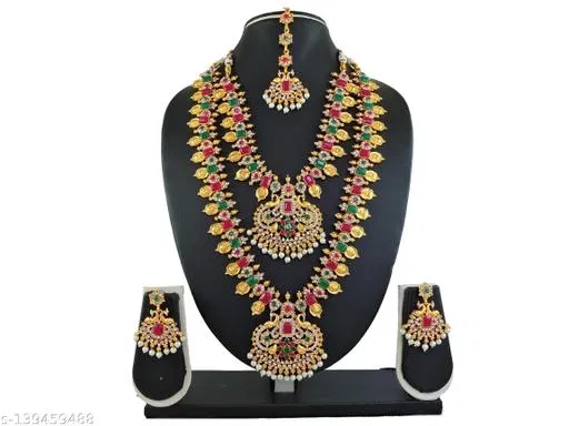 South Bridal Combo Set with Earrings and Maang Tikka for Women (Green, Free Size)