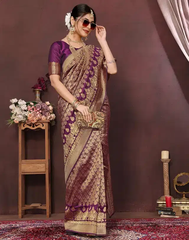 Banarasi Silk Zari Woven Saree for Women (Purple, 6 m)