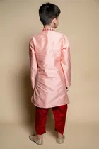 Dupion Silk Embroidery Kurta with Dhoti for Boys, Peach & Red 