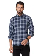 Cotton Blend Checkered Shirt for Men, Navy Blue 