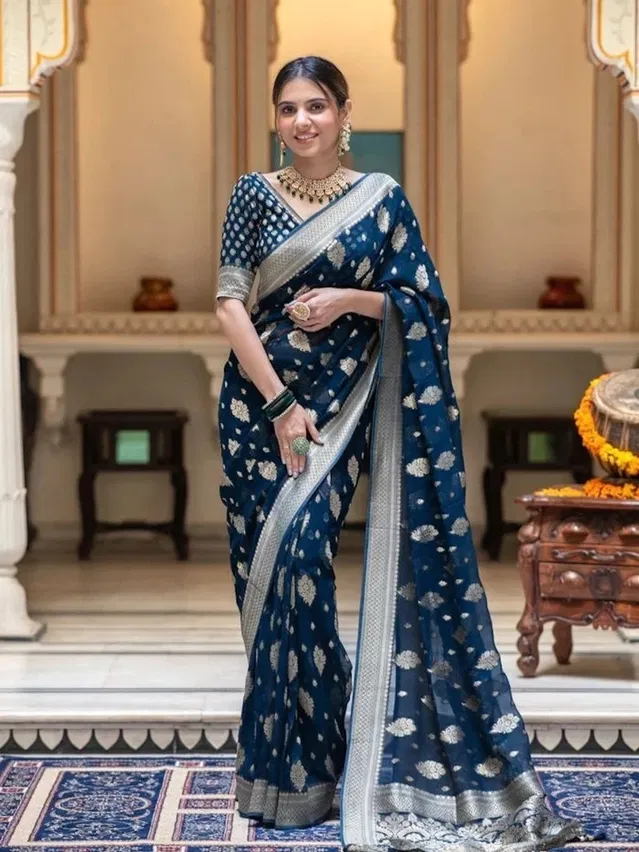 Banarasi Blue Art Silk Printed Saree for Women