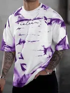 Round Neck Printed Oversized T-Shirt for Men (White & Purple, M)