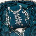 Vichitra Silk Embroidered Unstitched Suit Fabric, Teal