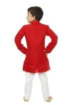 Cotton Blend Embroidery Kurta with Payjama for Boys, Red & White 