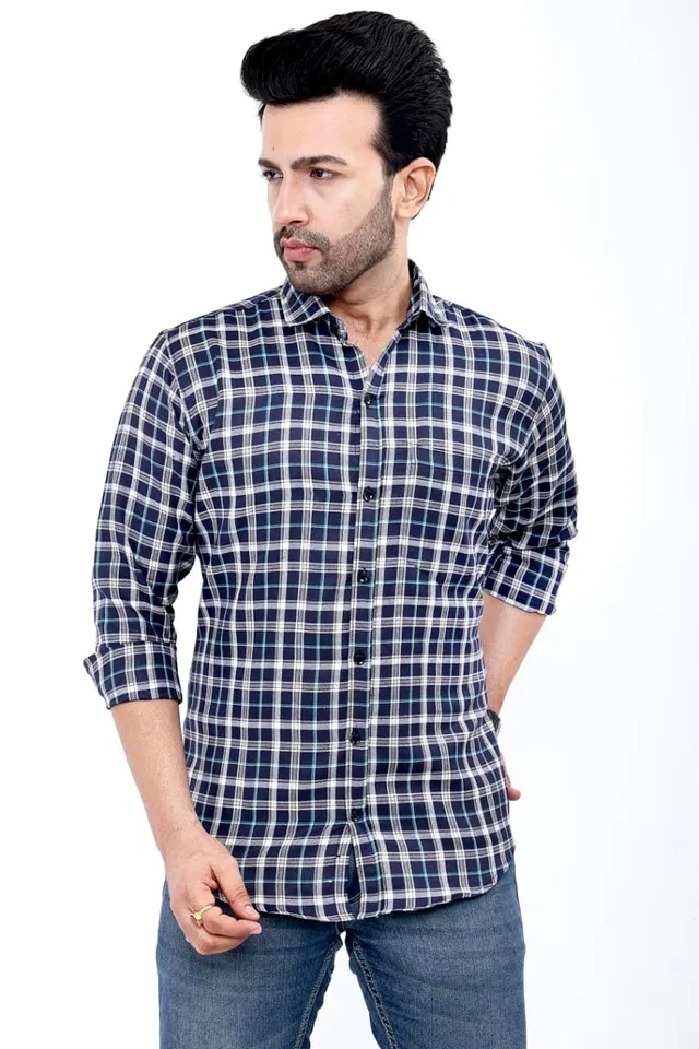 Cotton Blend Checked Shirt for Men, Blue (M)