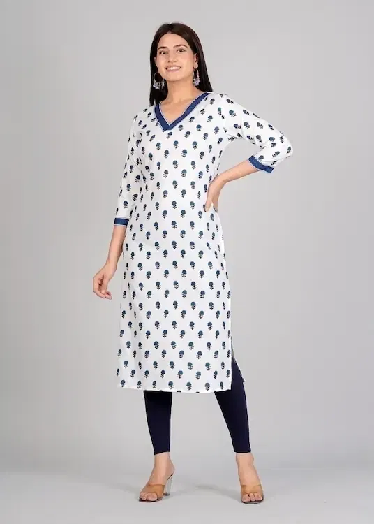 Rayon Printed Kurti for Women (White, L)