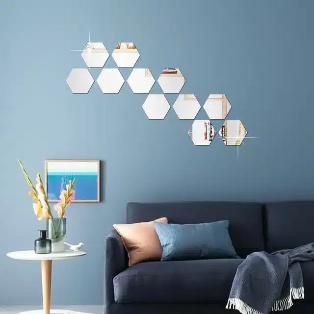 Acrylic Hexagon Shaped Wall Mirror Stickers (Silver, Pack of 11)