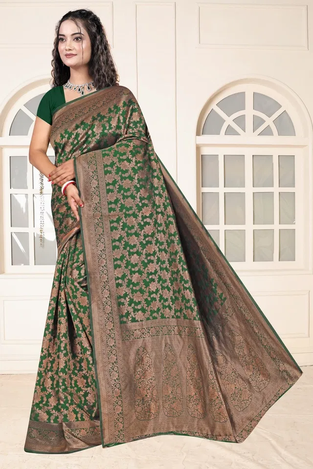 Jacquard Woven Design Saree for Women, Bottle Green (6.3 m)