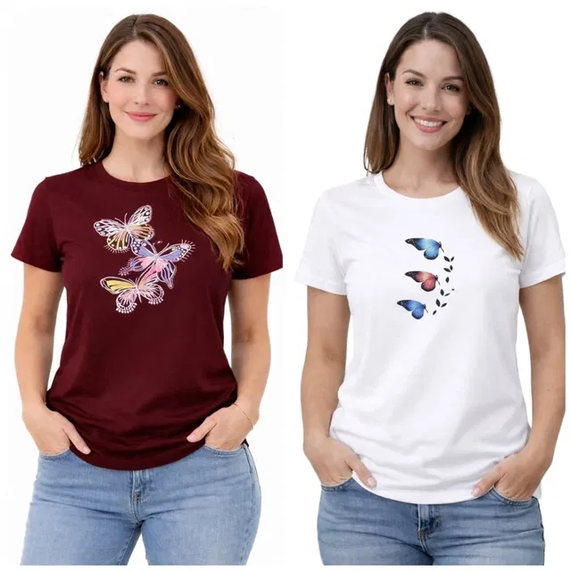 Cotton Blend T-shirt for Women, White & Maroon, Pack of 2 (M)