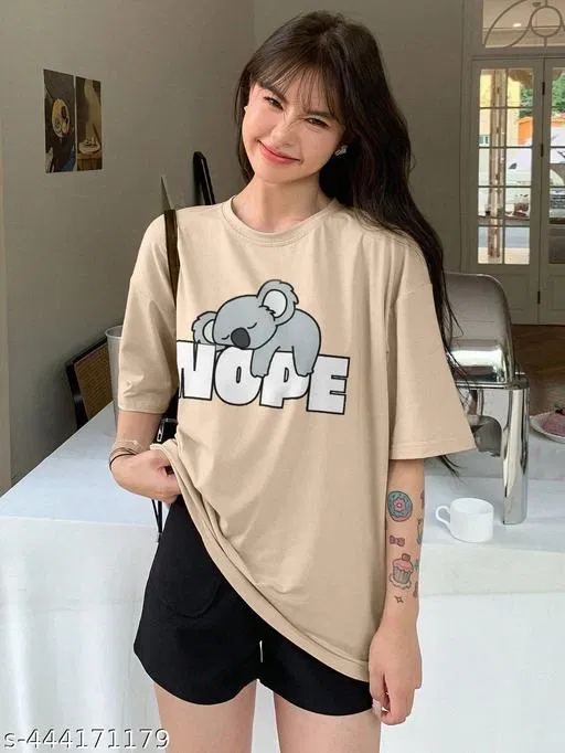 Cotton Blend Printed T-shirt for Women, Beige (M)