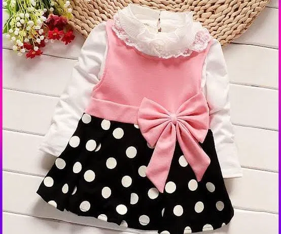 Cotton Blend Printed Frock for Girls (Pink & Black, 1-2 Years)