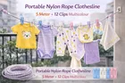 Portable Nylon Rope Clothesline 5 Meter + 12 Clips Multicolour