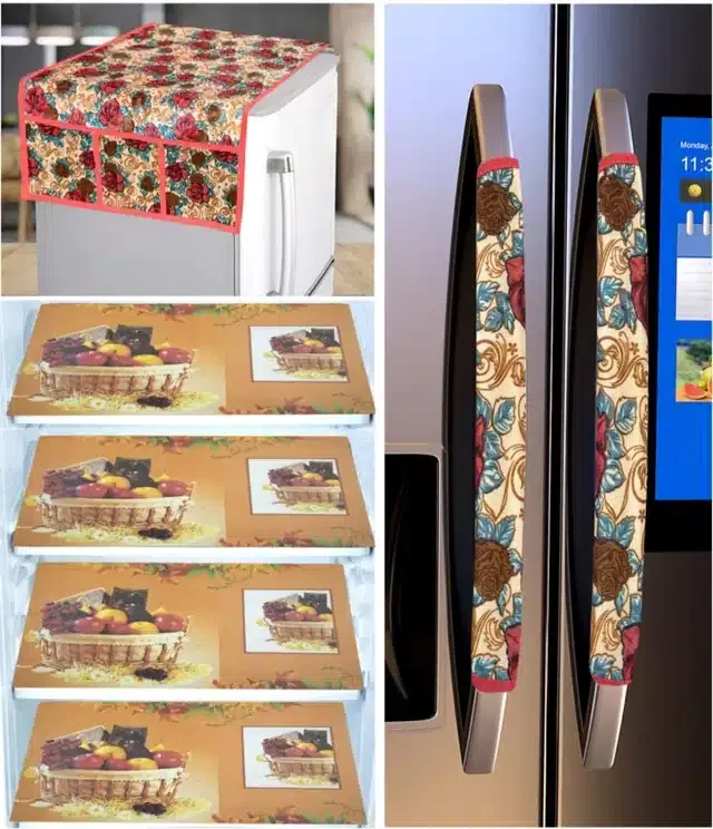 Knit Printed Fridge 4 Pcs Mat with 2 Pcs Handle & Top Cover (Multicolor, Set of 1)