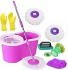 Plastic Bucket Spin Mop with 3 Refills Set & Cleaning Accessories Combo (Pink, Set of 5)