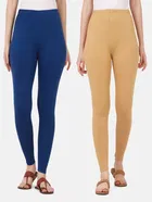 Cotton Solid Leggings for Women (Royal Blue & Beige, S) (Pack of 2)
