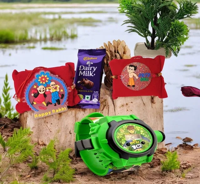 Synthetic 2 Pcs Rakhi with Chocolate & Projector Watch (Multicolor, Set of 1)