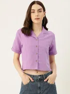 Half Sleeves Solid Crop Shirt for Women (Lavender, S)