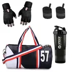 Polyester Printed Gym Bag with Gloves, Wristband & Shaker Bottle 